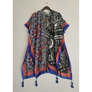 Meaneor Boho Mixed Print Tassel Kimono OS Mandala Aztec Festival Beach Cover Up